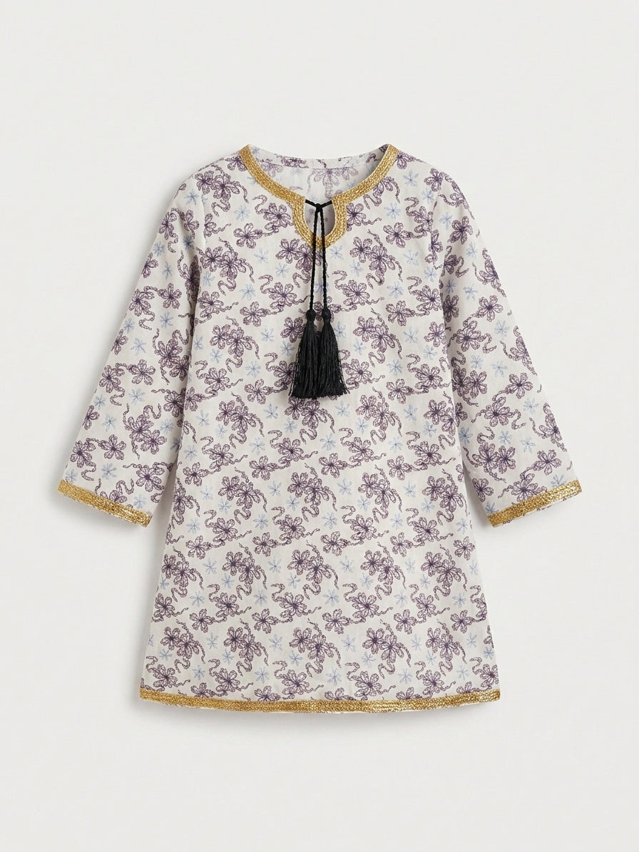 Girls Off White Purple Floral Embroidered Kurti – Shirt Only