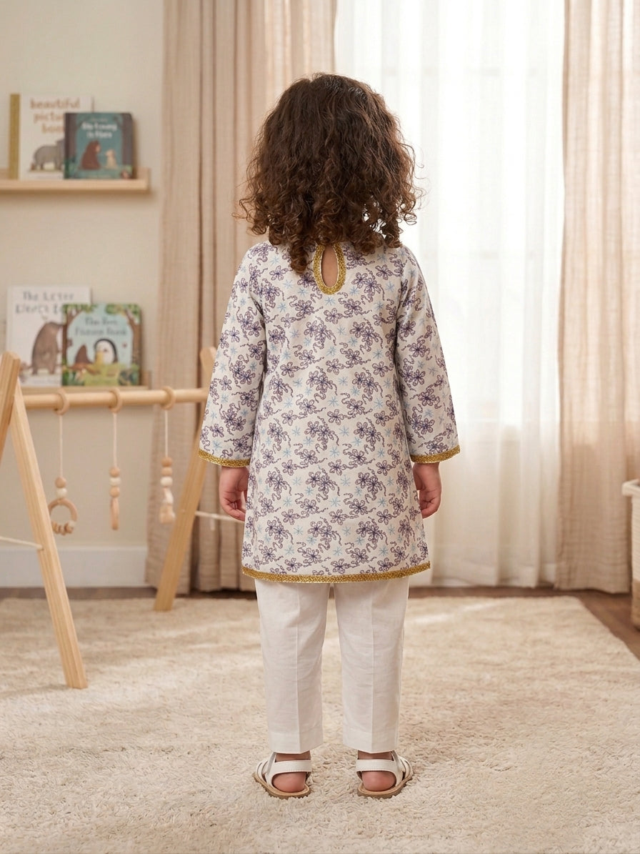 Girls Off White Purple Floral Embroidered Kurti – Shirt Only