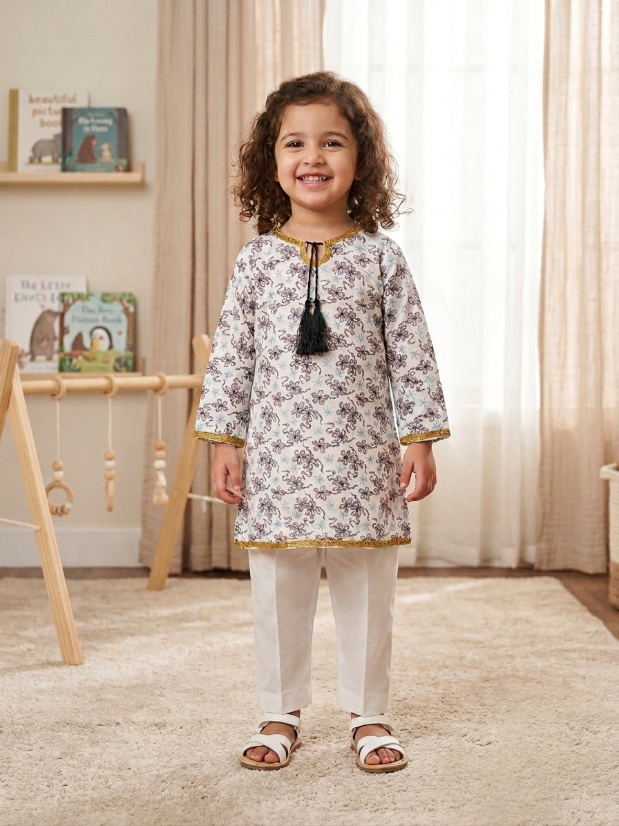 Girls Off White Purple Floral Embroidered Kurti – Shirt Only