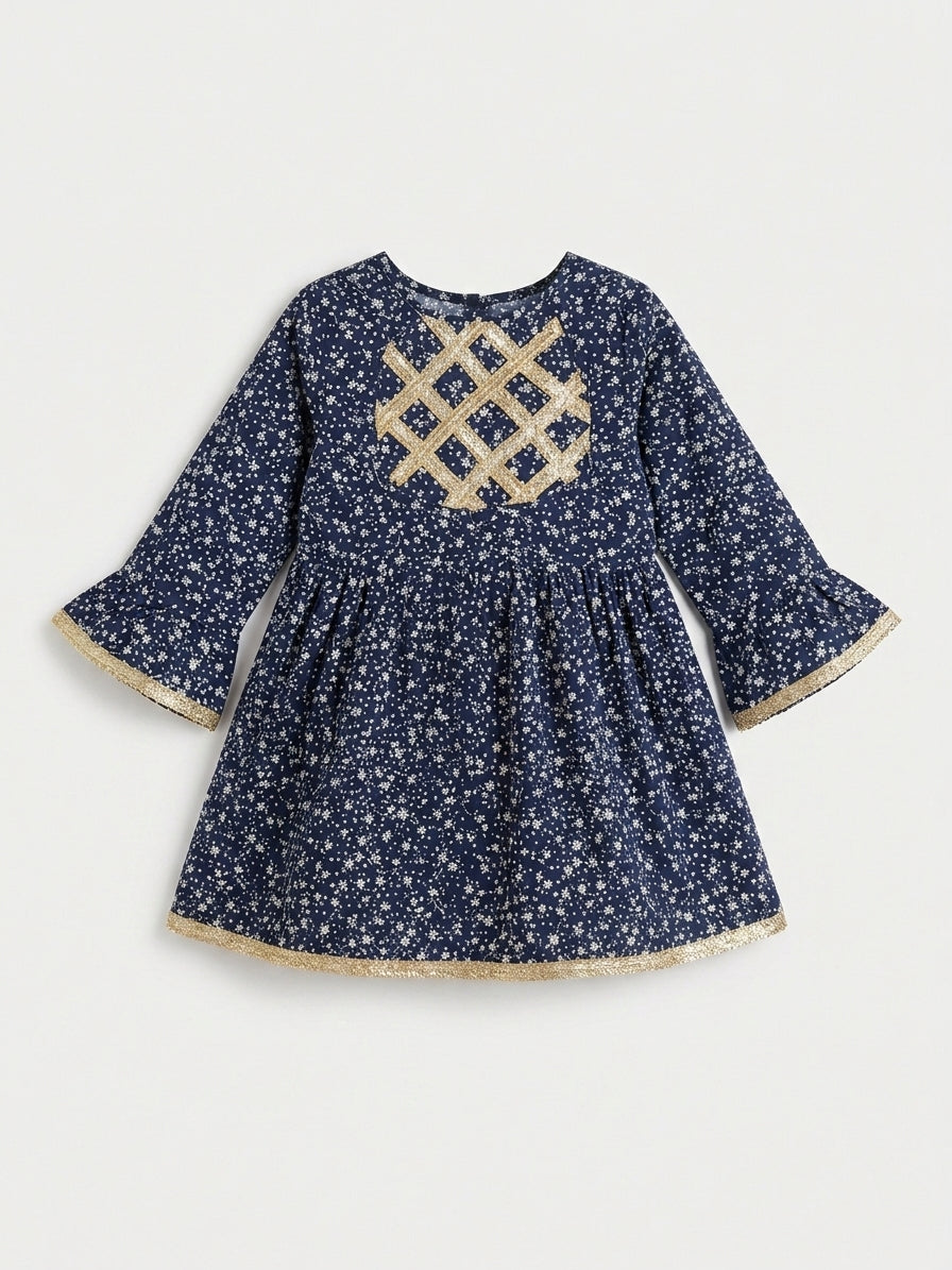 Girls Navy Blue Floral Frock Top – Shirt Only