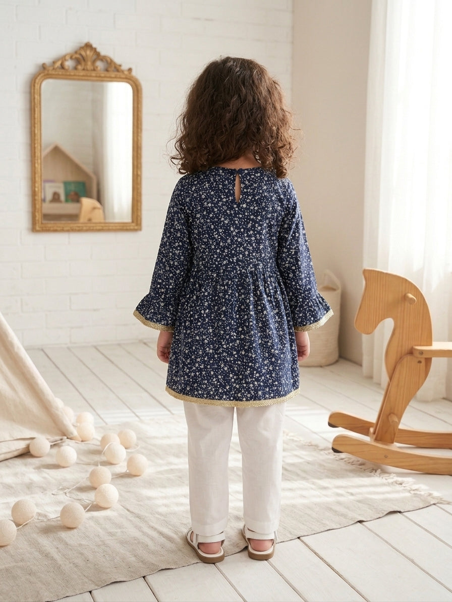 Girls Navy Blue Floral Frock Top – Shirt Only