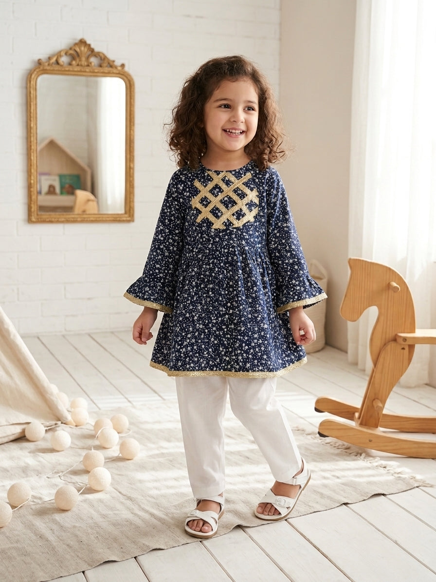 Girls Navy Blue Floral Frock Top – Shirt Only