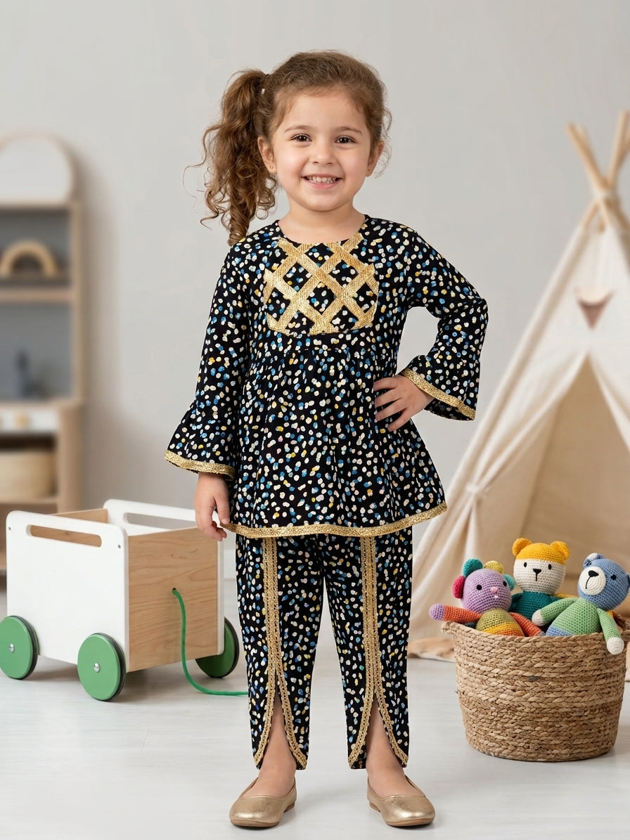 Girls Black Confetti Print Frock Top - Shirt Only