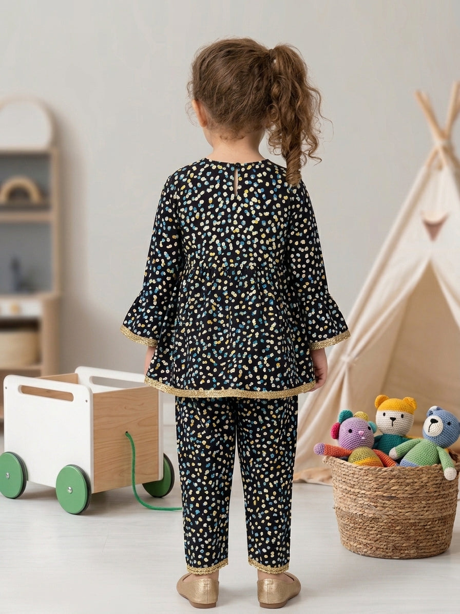 Girls Black Confetti Print Frock and Tulip Trouser Set – 2 Piece