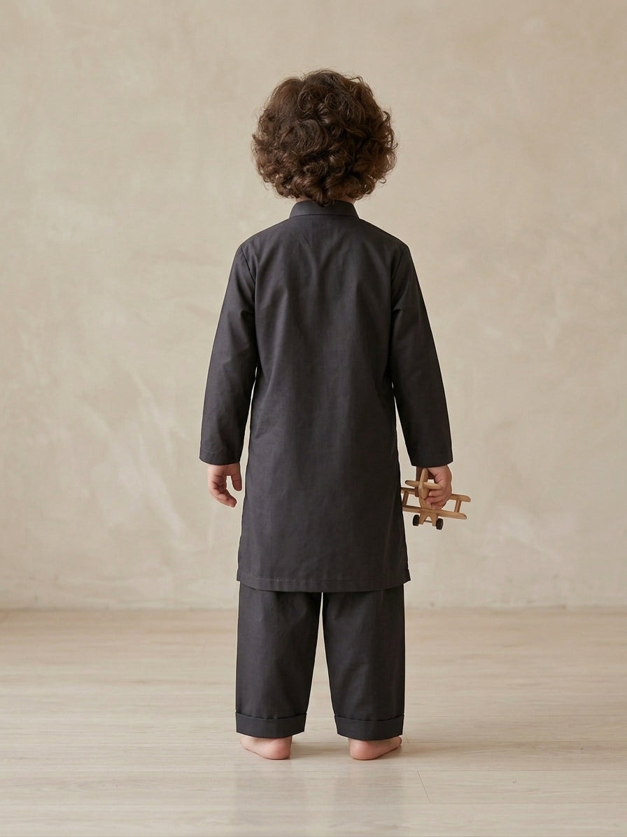Boys Kurta Trouser Set – Plain Black