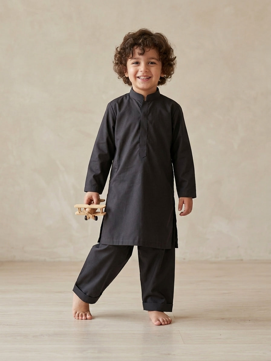 Boys Kurta Trouser Set – Plain Black