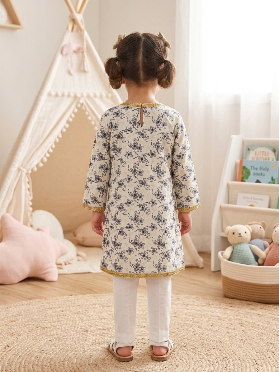 Girls Off White Embroidered Kurti – Shirt Only with Gota Lace