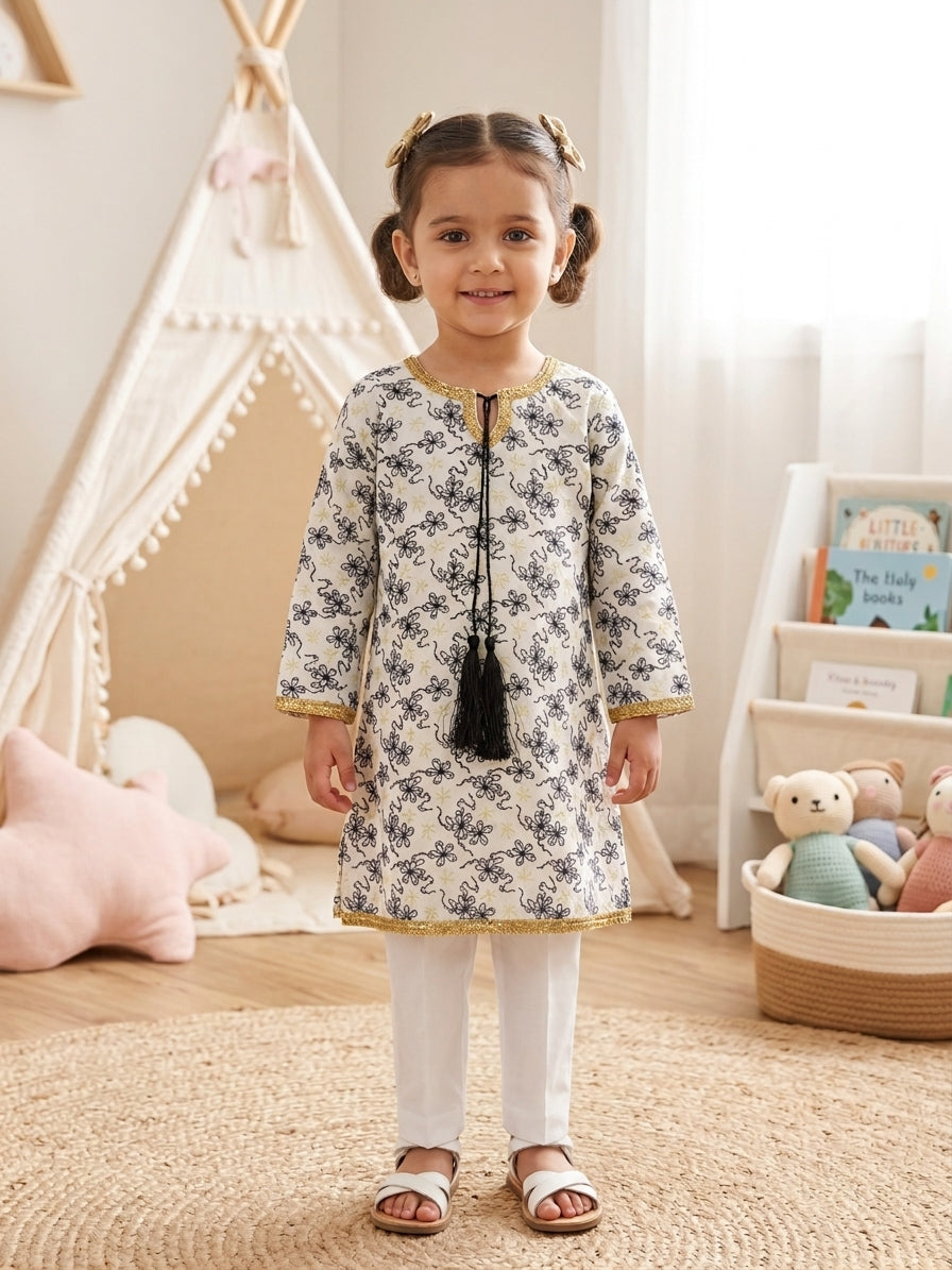 Girls Off White Embroidered Kurti – Shirt Only with Gota Lace