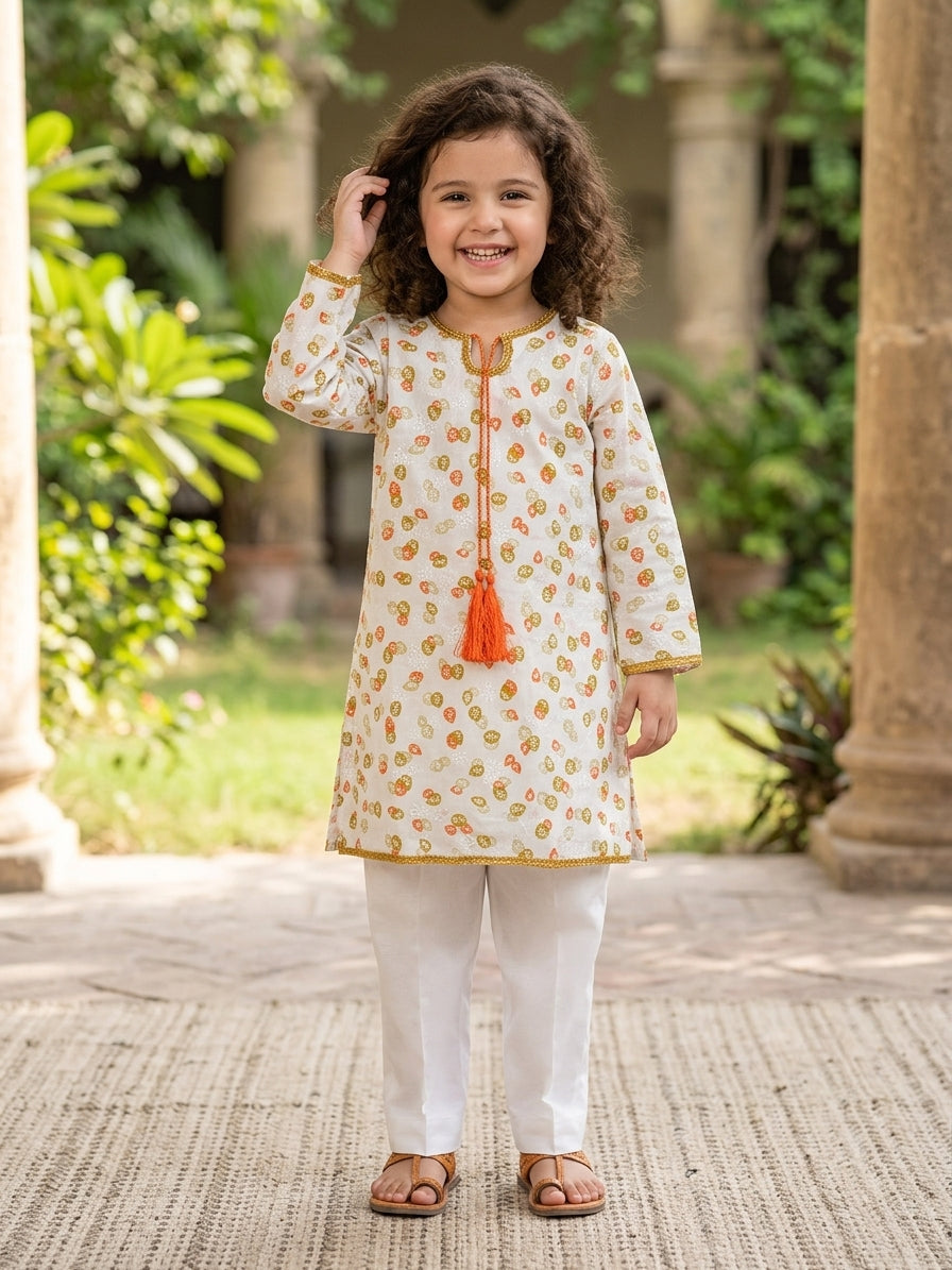Girls Printed Kurti with Orange Tassel – Off White