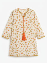 Girls Printed Kurti with Orange Tassel – Off White