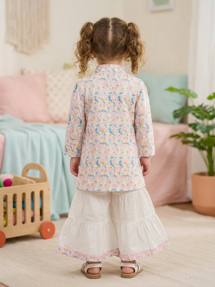 Girls Pink Floral Kurti – Shirt Only with Ban Collar