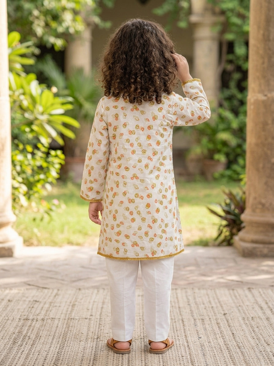 Girls Printed Kurti with Orange Tassel – Off White