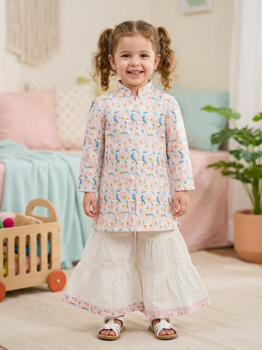 Girls Pink Floral Kurti – Shirt Only with Ban Collar