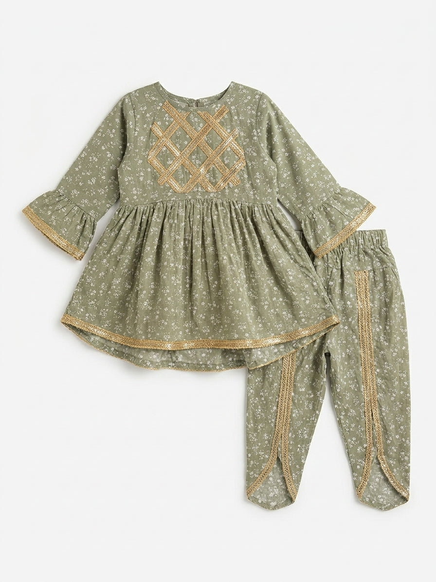 Girls Sage Green Frock and Tulip Pants Set – 2 Piece