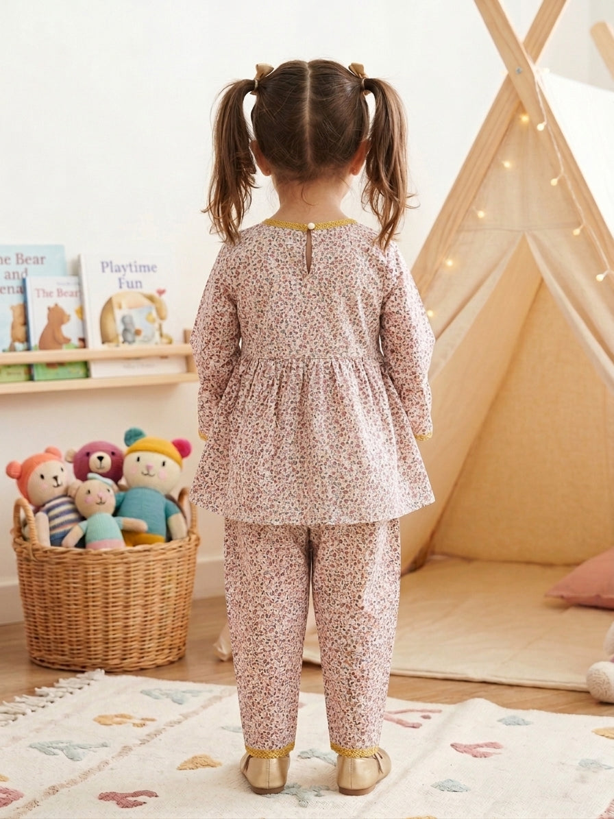 Girls Pink Ditsy Floral Frock and Tulip Trouser Set – 2 Piece