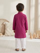 Boys Magenta Kurta – Textured Cotton with Ban Collar