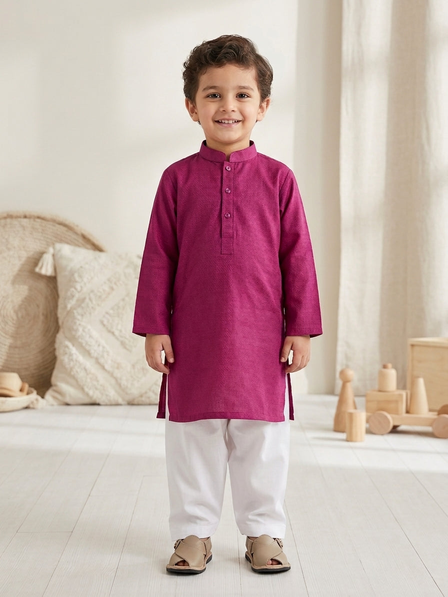 Boys Magenta Kurta – Textured Cotton with Ban Collar