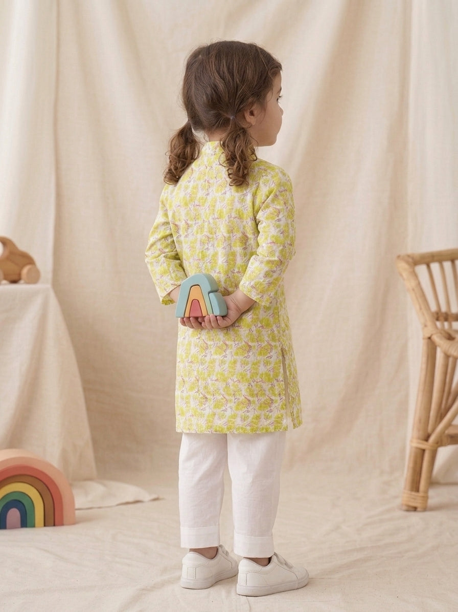 Girls Lime Green Printed Kurta Trouser Set – 2 Piece