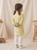 Girls Lime Green Printed Kurti – Shirt Only with Ban Collar
