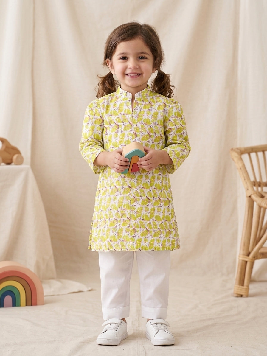 Girls Lime Green Printed Kurta Trouser Set – 2 Piece