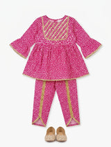 Girls Hot Pink Printed Frock and Tulip Trouser Set – 2 Piece