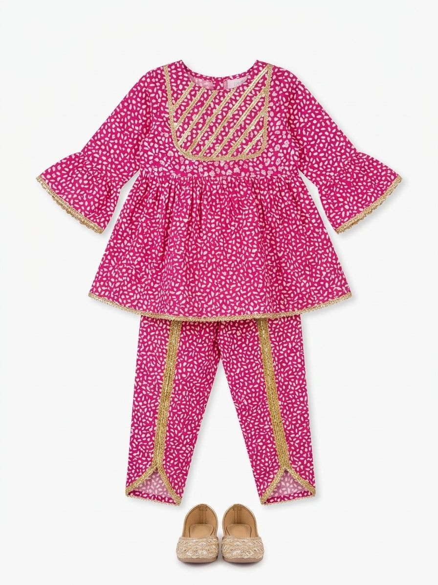 Girls Hot Pink Printed Frock and Tulip Trouser Set – 2 Piece