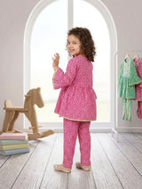 Girls Hot Pink Printed Frock and Tulip Trouser Set – 2 Piece