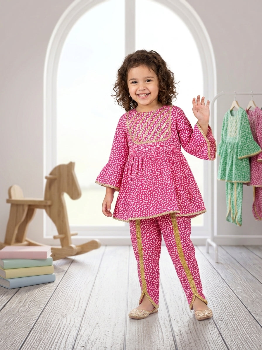 Girls Hot Pink Printed Frock Top – Shirt Only