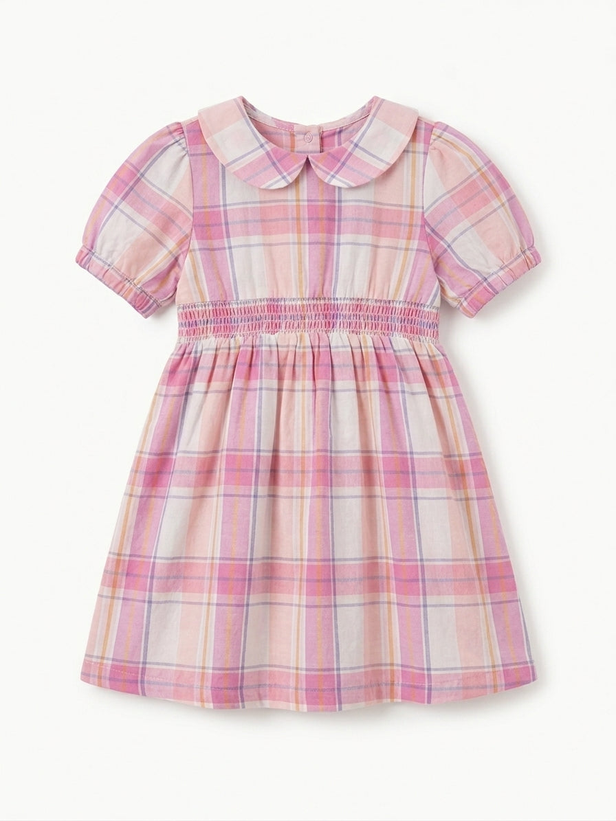 Girls Pink Check Frock – Peter Pan Collar with Puff Sleeves
