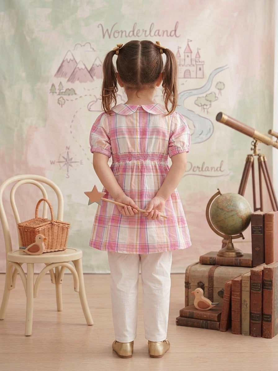 Girls Pink Check Frock – Peter Pan Collar with Puff Sleeves