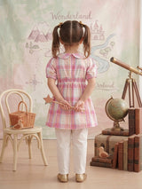 Girls Pink Check Frock – Peter Pan Collar with Puff Sleeves