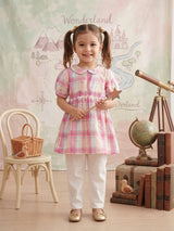 Girls Pink Check Frock – Peter Pan Collar with Puff Sleeves