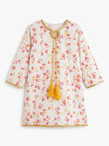 Girls Printed Kurti – Off White with Gota Lace and Yellow Tassel