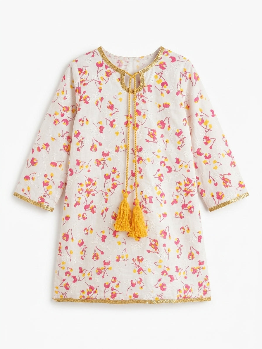 Girls Printed Kurti – Off White with Gota Lace and Yellow Tassel