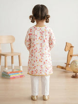 Girls Printed Kurti – Off White with Gota Lace and Yellow Tassel