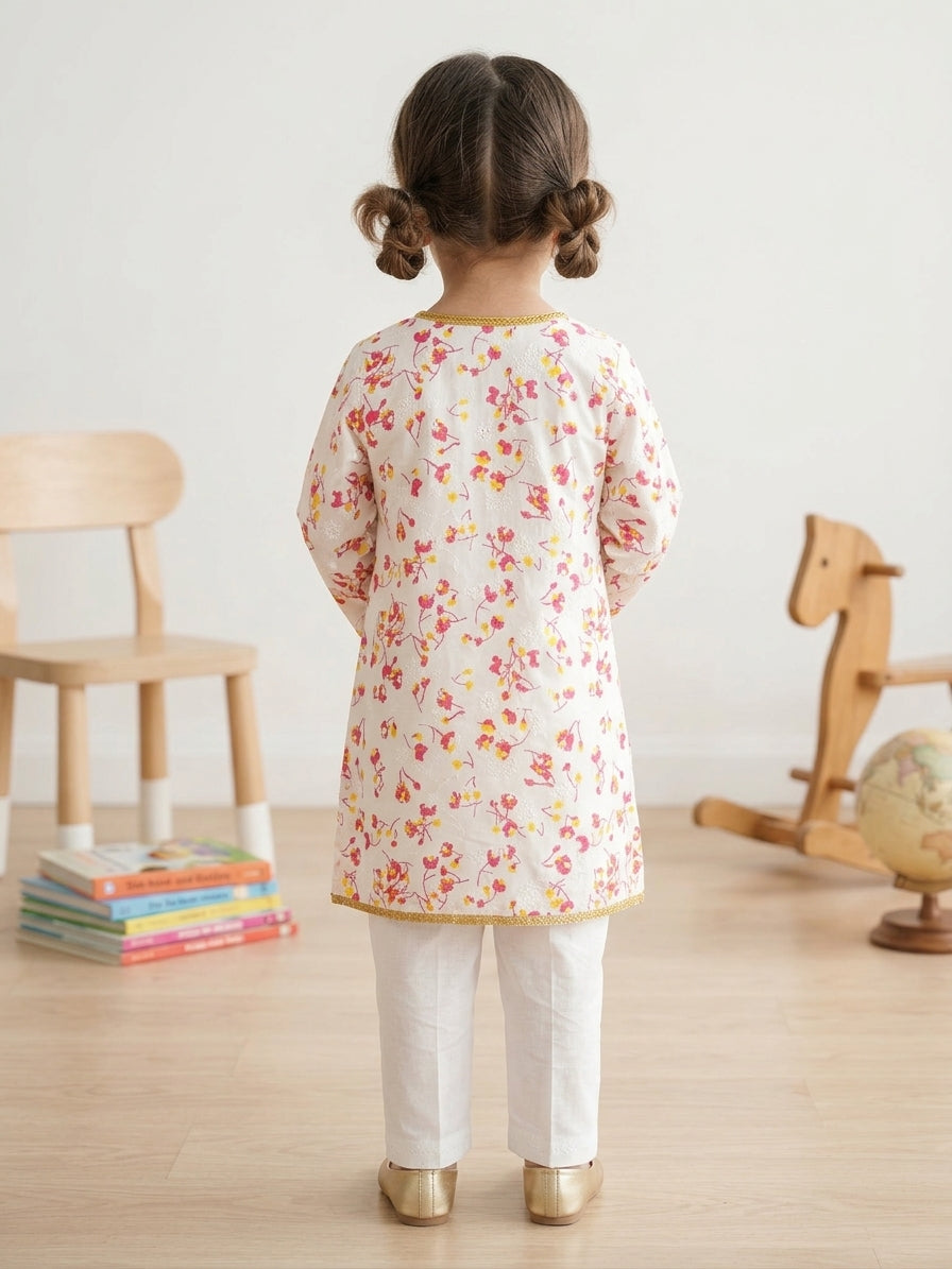 Girls Printed Kurti – Off White with Gota Lace and Yellow Tassel