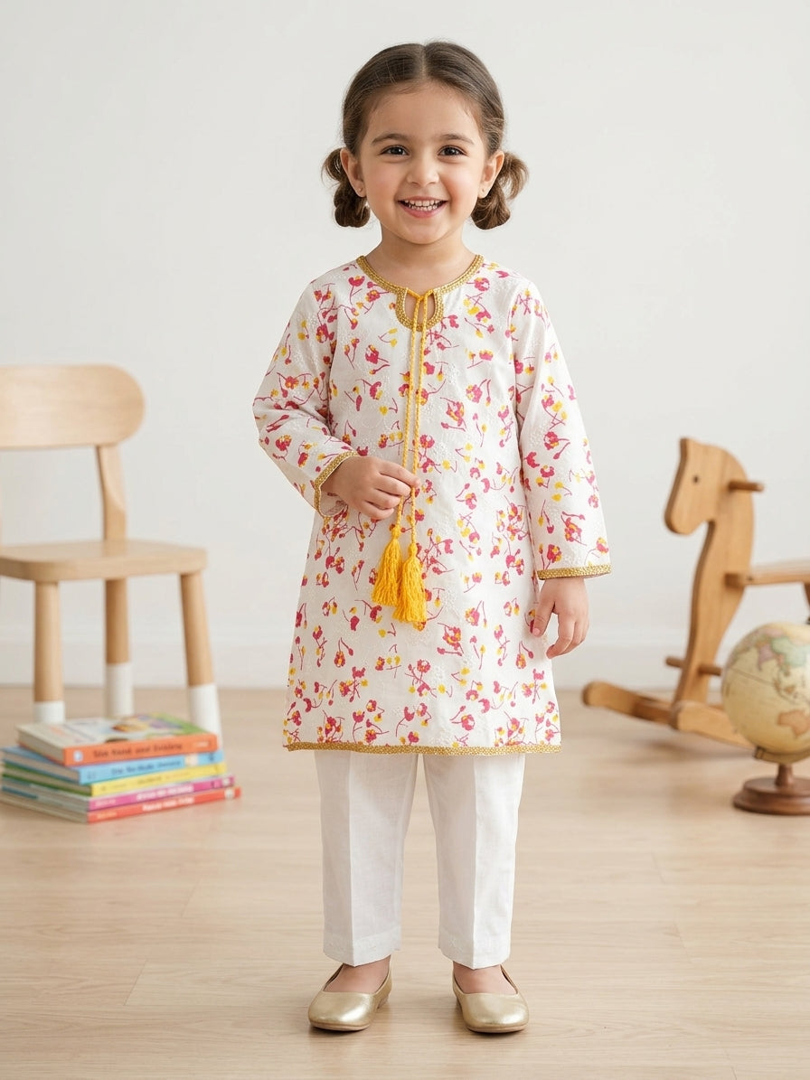 Girls Printed Kurti – Off White with Gota Lace and Yellow Tassel