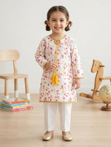 Girls Printed Kurti – Off White with Gota Lace and Yellow Tassel