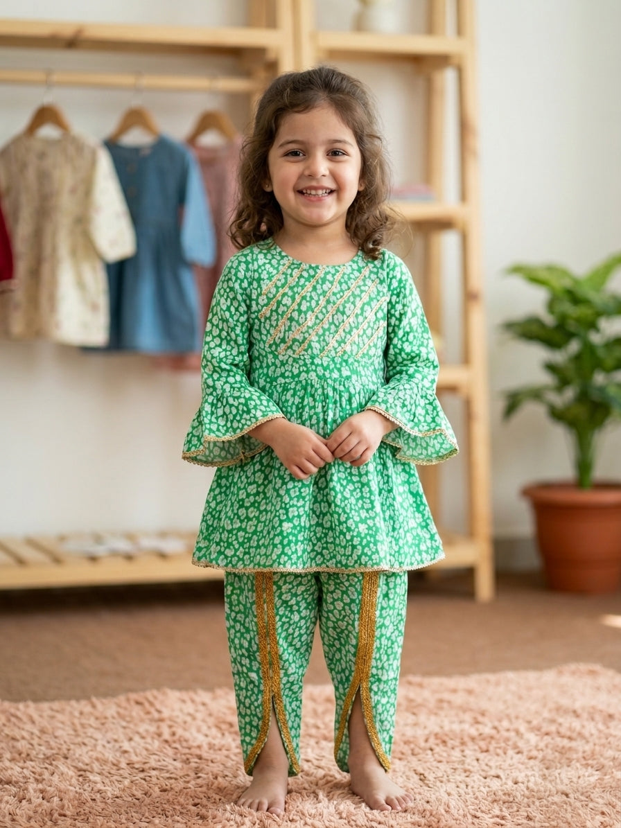 Girls Green Floral Frock Top – Shirt Only with Gota Lace