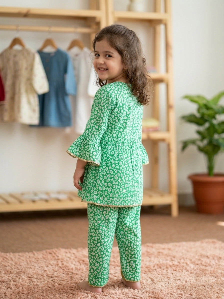 Girls Green Floral Frock Top – Shirt Only with Gota Lace