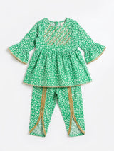 Girls Green Printed Frock with Tulip Trouser - 2 Piece