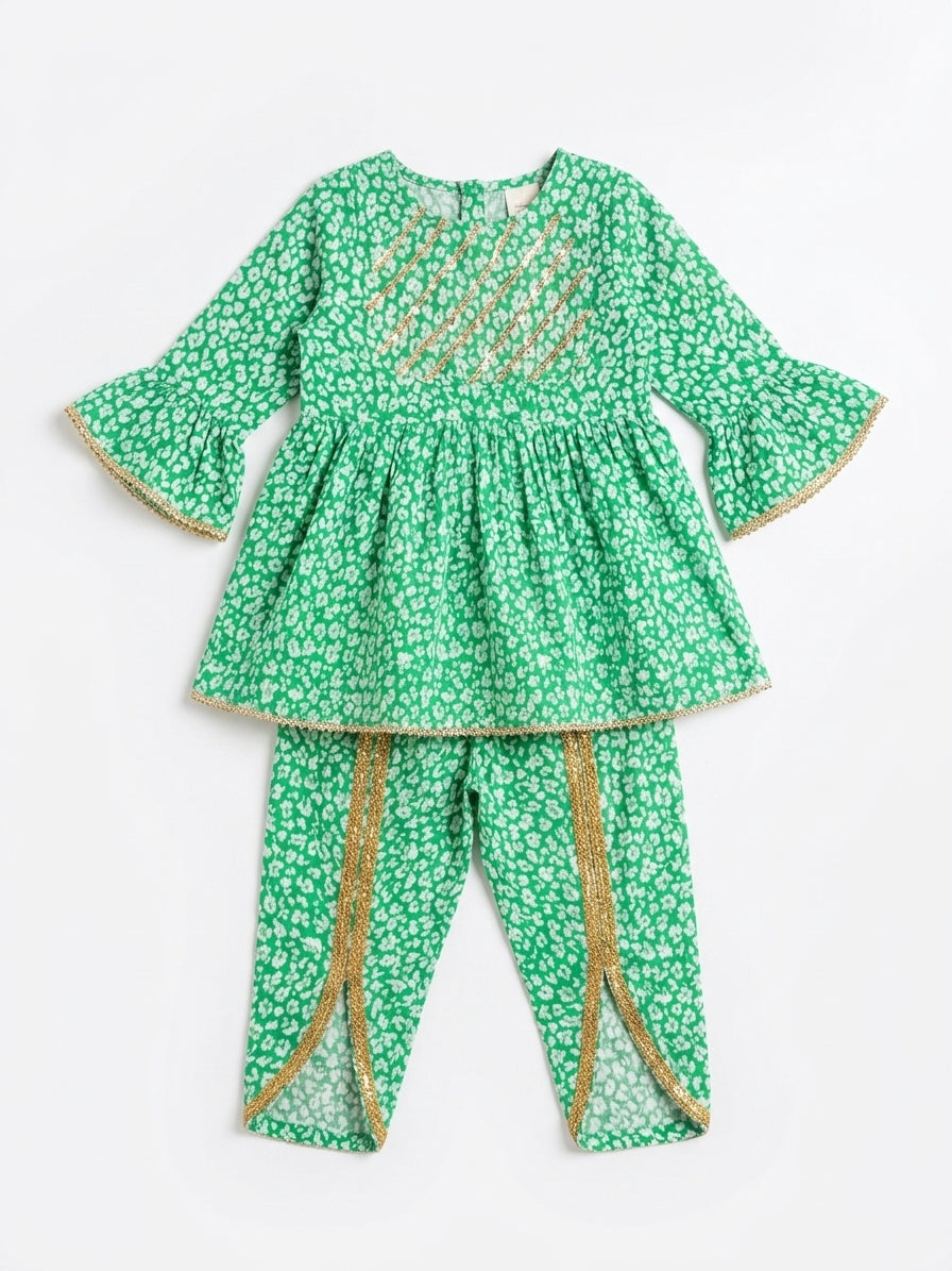 Girls Green Printed Frock with Tulip Trouser - 2 Piece