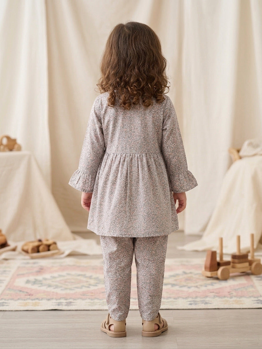 Girls Grey Ditsy Floral Frock and Tulip Trouser Set – 2 Piece