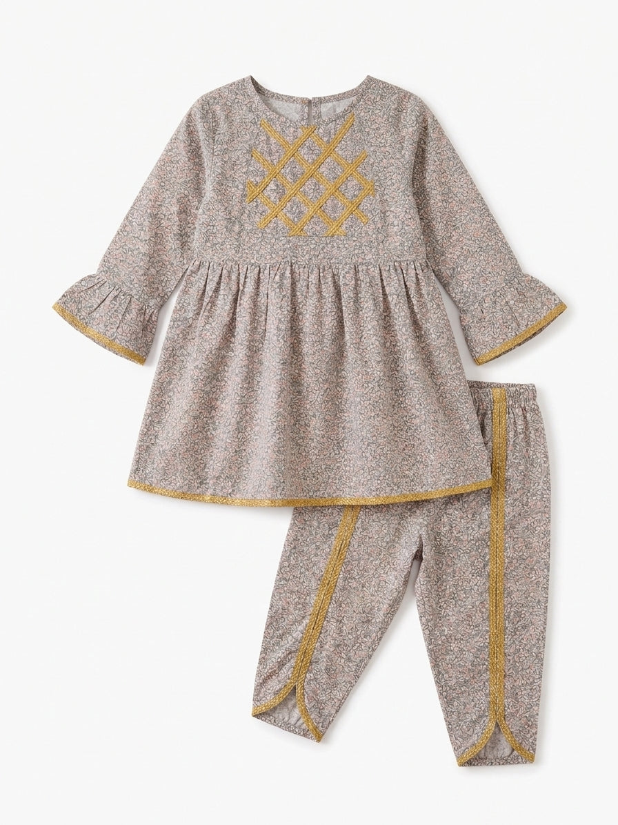 Girls Grey Ditsy Floral Frock and Tulip Trouser Set – 2 Piece