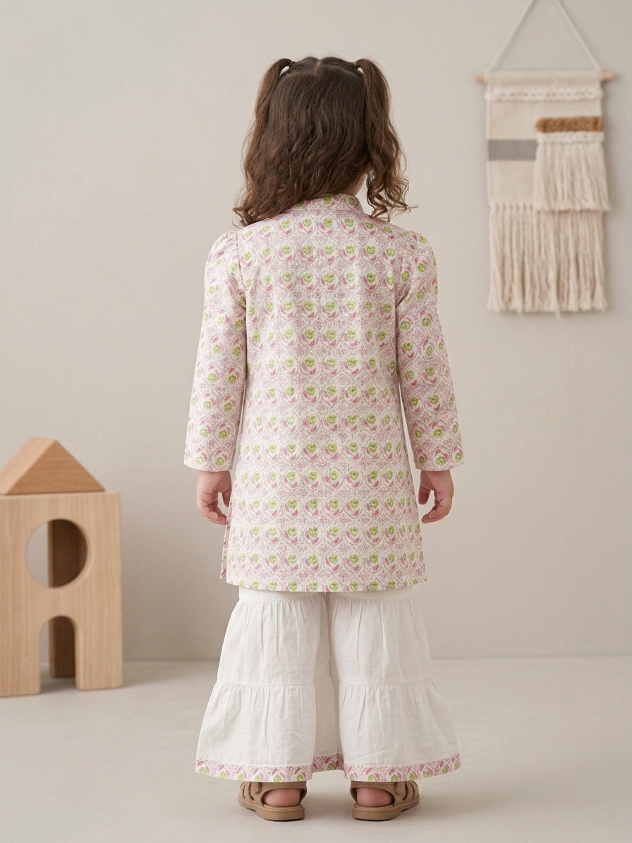 Girls Pink Green Kurta Sharara Set – 2 Piece